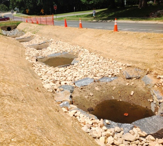 Image of the Dennis Avenue regenerative step pools mid-way through construction.