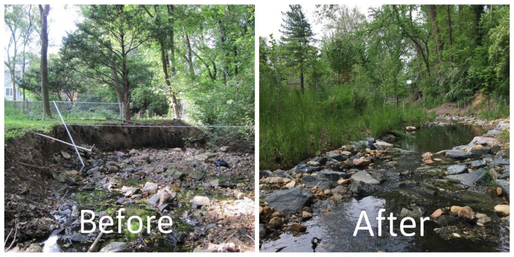 Before and after images showing the gradation of stream banks to prevent erosion