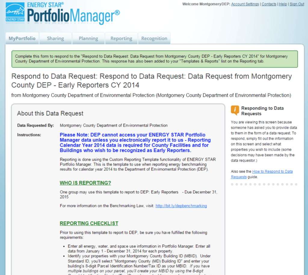 Screenshot of Portfolio Manager data request