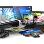 Computer devices. Mobile phone, laptop, printer, camera and tablet pc. 3d