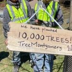 Craft sign hanging from tree that says, "We have Planted 10,000 Trees!" Tree Montgomery, established 2015