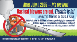 Graphic in English and Spanish about leaf blower ban. 