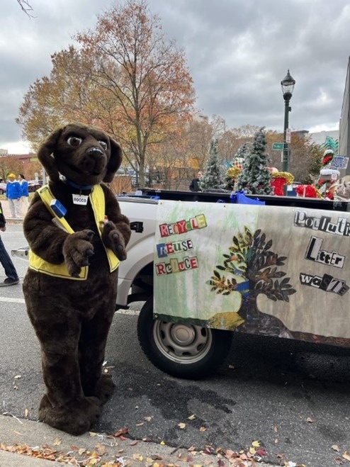 Rocco the Recycling Retriever Marches in the Holidays at the 2023 Montgomery County Thanksgiving Parade