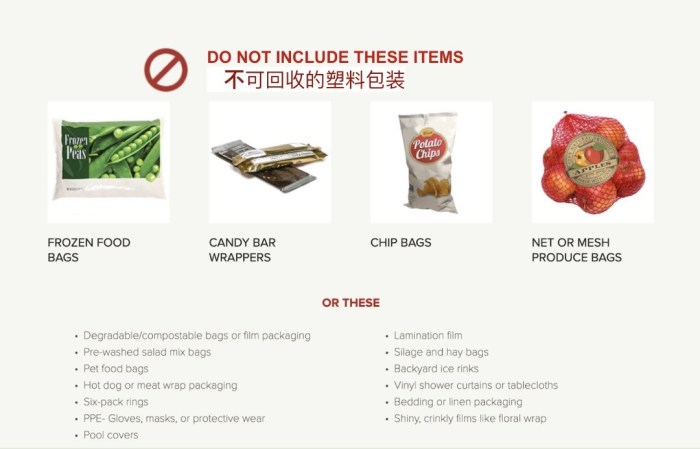 Items that cannot be recycled: frozen food bags, candy bar wrappers, chip bags, net or mesh produce bags, etc. 