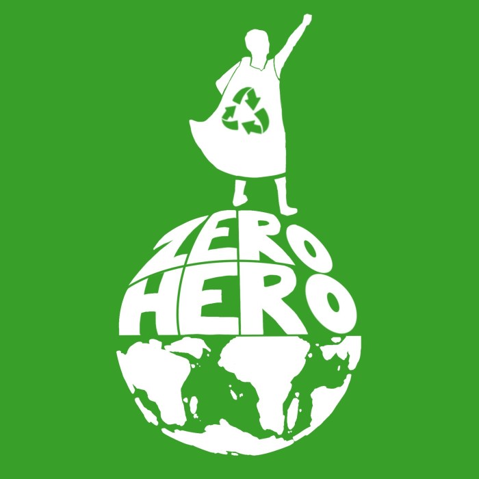 A "Zero Hero" logo depicting a person standing on top of a globe that says "Zero Hero" and wearing a cape with the recycling arrow logo on it. 