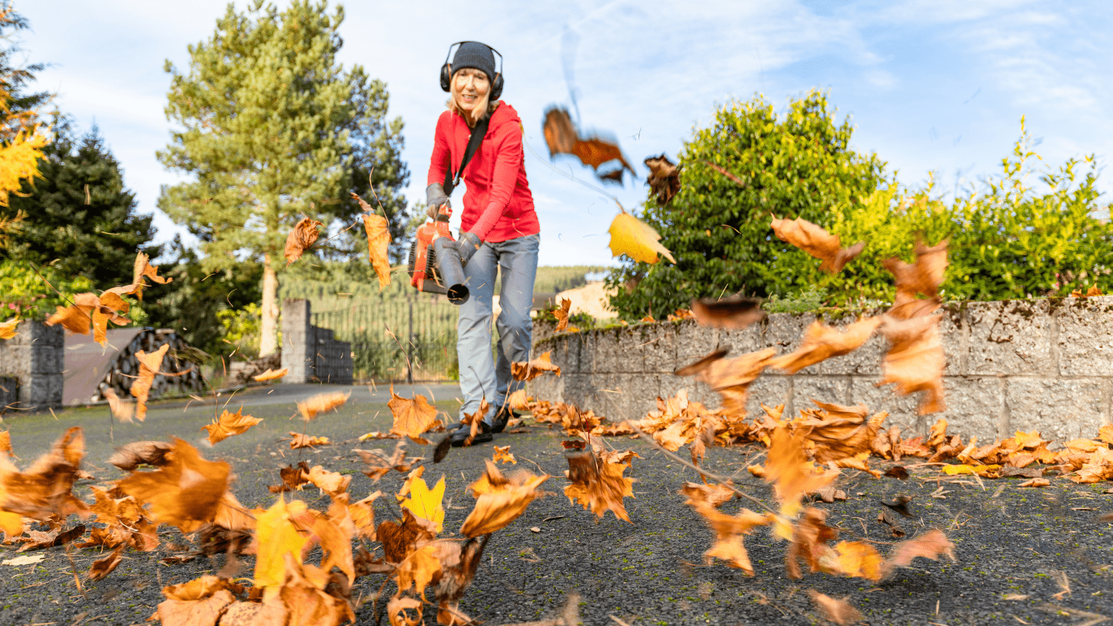 A woman in a red jacket blows leaves of asphalt with an electric leaf blower.